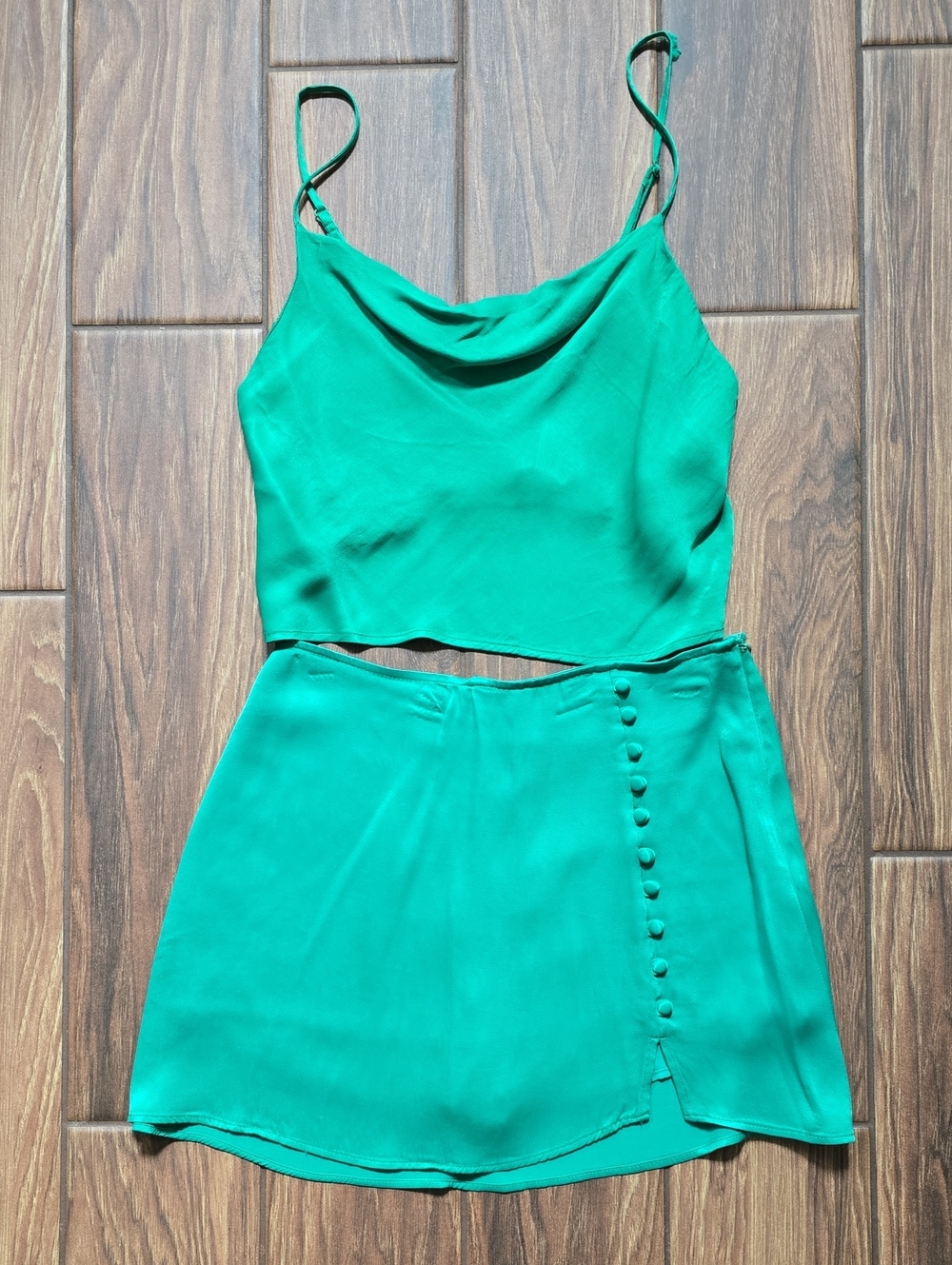 Zara Bright Green Satin Mini Skort with Side Covered Buttons